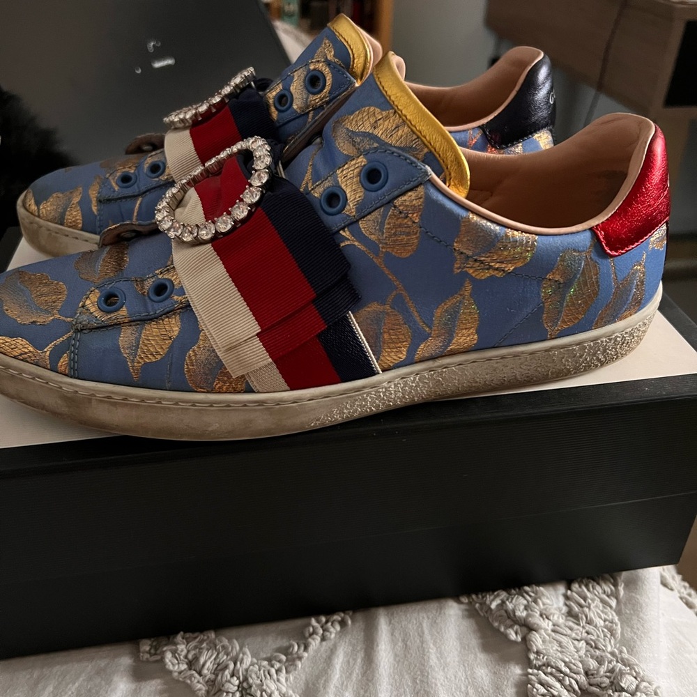 Gucci Red and Blue Sneakers with Gold Accents